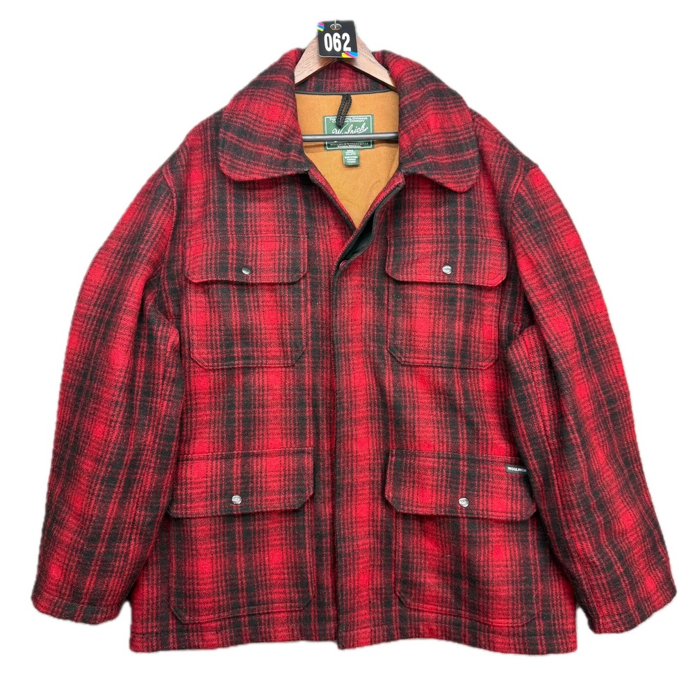 Woolrich Field Jacket Mens 2XL Red Black Plaid Wool Blend Buffalo Check Coat